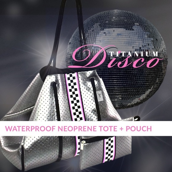 Neoprene Racer Tote Bag Prix Hot Pink or Titanium Disco racing checks waterproof - Picture 13 of 16